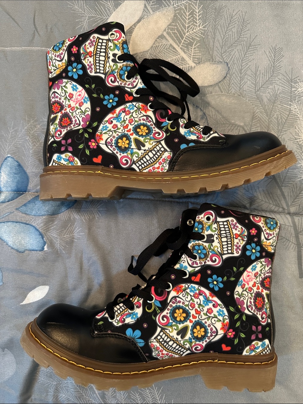 NWOT Black Floral Sugar Skull Combat Boots Sz W9.5 M8.5 EU41 UNBRANDED - Picture 3 of 15